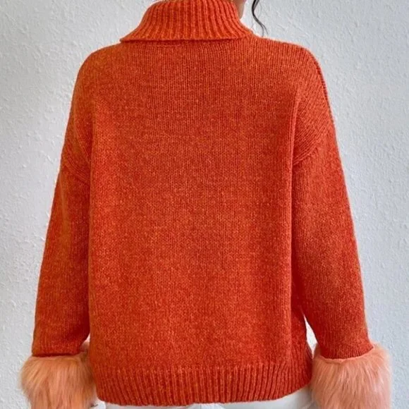 orange faux fur Cuff TurtleNeck Knit Sweater Top - Picture 6 of 6